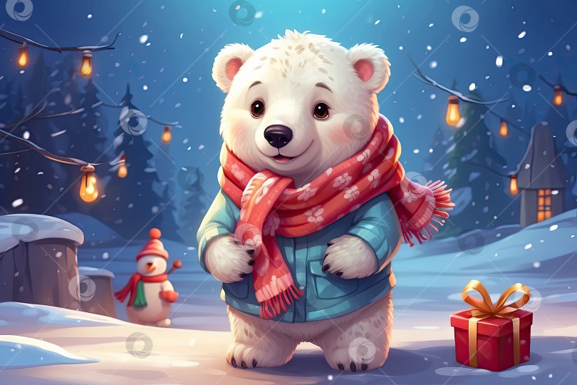 Скачать Мультипликационный портрет доброго белого медведя в красном шарфе, детского персонажа на рождественском фоне, является праздничной поздравительной открыткой к новому году. Сгенерированный искусственным интеллектом фотосток Ozero