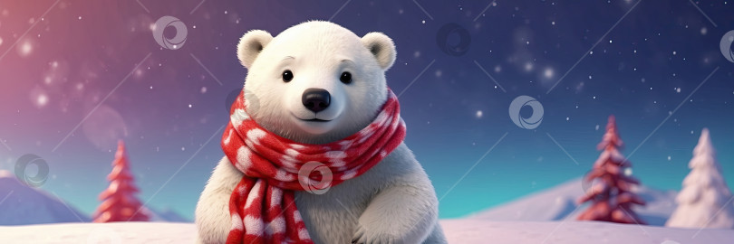 Скачать Мультяшный портрет доброго белого медведя в красном шарфе, детского персонажа на рождественском фоне, - это праздничная поздравительная открытка к новому году. Баннер. Созданный искусственным интеллектом фотосток Ozero