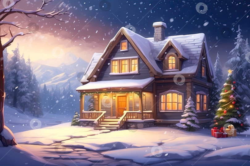 Скачать Мультяшный уютный деревянный домик в заснеженном лесу ночью с рождественскими елками зимой в снегу и снегопад с рождественским декором - праздничная открытка. Сгенерированная искусственным интеллектом фотосток Ozero