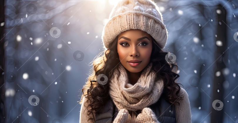 Скачать Симпатичная темнокожая женщина в вязаной шапке и варежках на зимней улице, вокруг нее летают снежинки. Зимняя радость в ожидании чуда. Искусственный интеллект сгенерирован фотосток Ozero