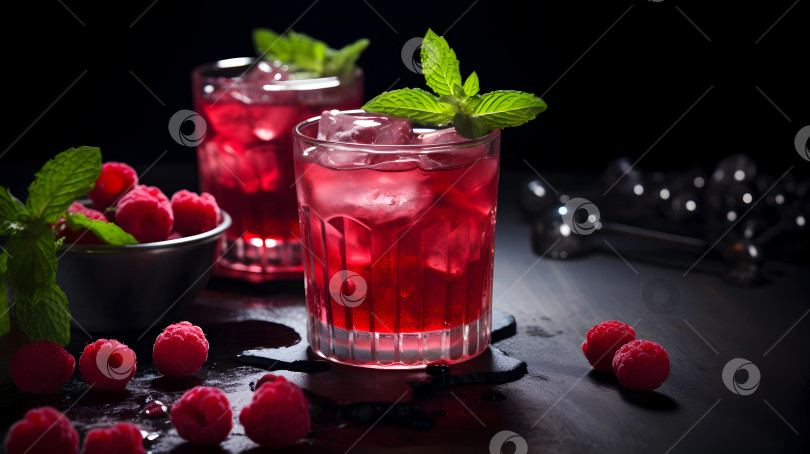 Скачать Коктейль из красных ягод, украшенный мятой и малиной на темном фоне, как концепция праздничного напитка для празднования Рождества, Нового года, Дня рождения или любого другого праздника. Рубиновый коктейль с мятой фотосток Ozero