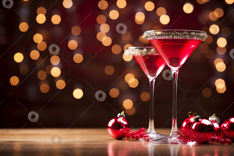 Скачать Праздничный красный мартини на сверкающем фоне праздничных огней. Два красных мартини с глазированными золотистыми сахарными ободками на теплом рождественском и новогоднем фоне с рождественскими украшениями и пространством для копирования фотосток Ozero