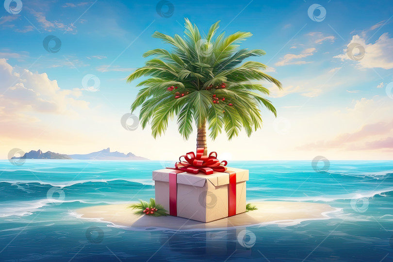 Скачать Рождественская пальма с подарочными коробками на берегу океана. Туристическая поездка на Рождество и Новый год в тропические страны, отдых на море. Путешествие в качестве подарка на праздник, день рождения. Сгенерированный ИИ фотосток Ozero