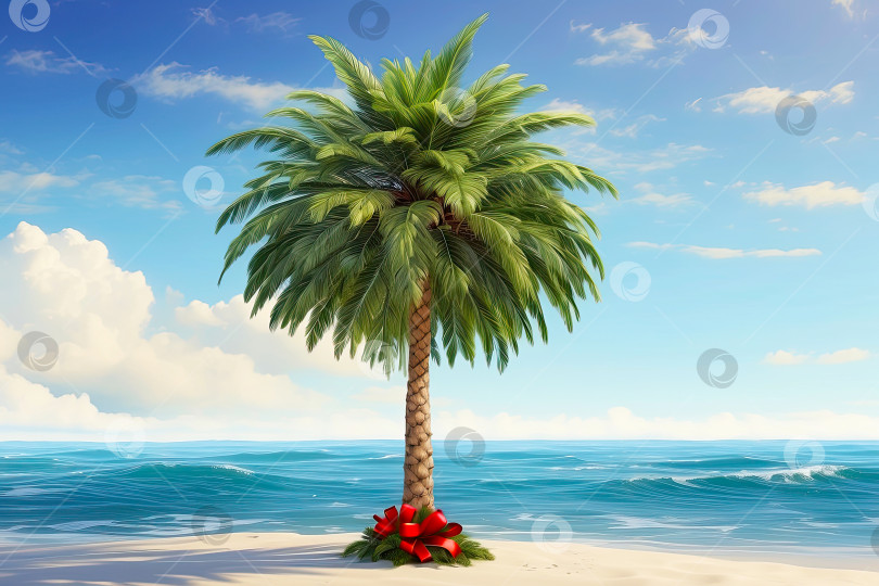 Скачать Рождественская пальма с подарочными коробками на берегу океана. Туристическая поездка на Рождество и Новый год в тропические страны, отдых на море. Путешествие в качестве подарка на праздник, день рождения. Сгенерированный ИИ фотосток Ozero