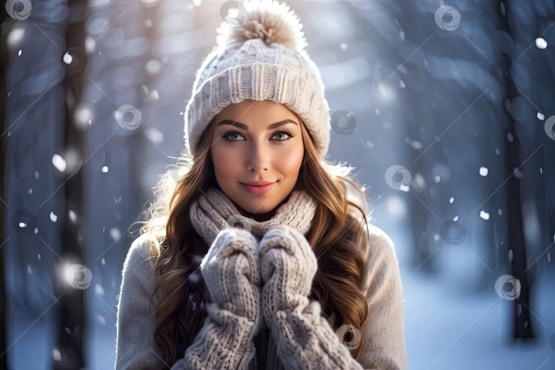 Скачать Симпатичная женщина в вязаной шапке и варежках на зимней улице, вокруг нее летают снежинки. Зимняя радость в ожидании чуда. Искусственный интеллект сгенерирован фотосток Ozero