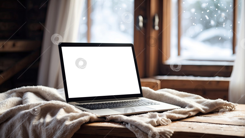 Скачать Ноутбук с макетом белого экрана зимой в помещении на столе с уютным пледом у окна, покрытого снегом. Сезонная удаленная работа, Интернет, шоппинг, Рождество и Новый год. Искусственный интеллект сгенерирован фотосток Ozero