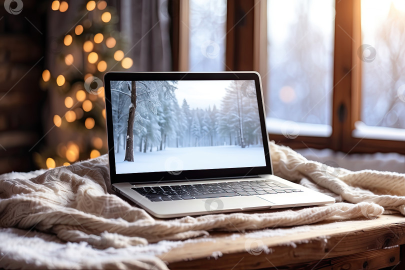 Скачать Ноутбук с экраном с зимним пейзажем, в помещении на столе с уютным пледом у окна со снегом. Сезонная удаленная работа, интернет, шоппинг, Рождество и Новый год. Искусственный интеллект сгенерирован фотосток Ozero