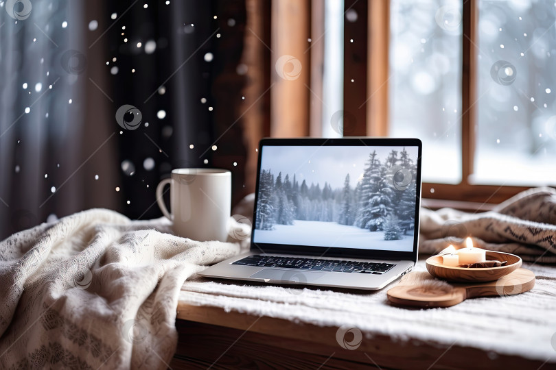Скачать Ноутбук с экраном с зимним пейзажем, в помещении на столе с уютным пледом у окна со снегом. Сезонная удаленная работа, интернет, шоппинг, Рождество и Новый год. Искусственный интеллект сгенерирован фотосток Ozero