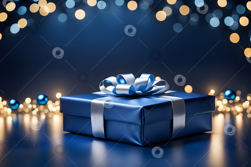 Скачать темно-синий подарок на праздничном новогоднем синем фоне с эффектом боке фотосток Ozero