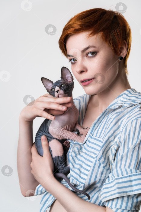 Скачать Портрет рыжеволосой молодой женщины, держащей в руках кошку-сфинкса и смотрящей в камеру фотосток Ozero