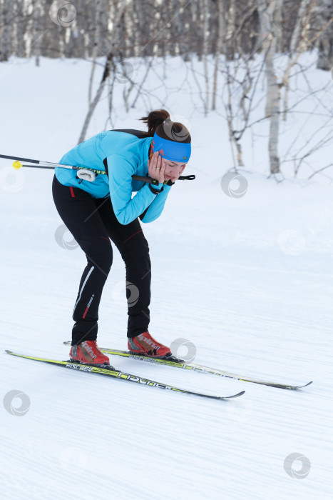 Скачать Спортсменка-лыжница в сине-черном спортивном костюме катается с горы на лыжах по зимнему лесу фотосток Ozero