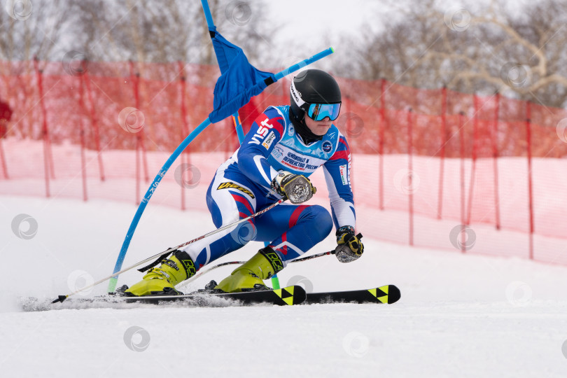 Скачать Горнолыжник спускается по склону горы. Чемпионат России по горнолыжному спорту, гигантский слалом фотосток Ozero