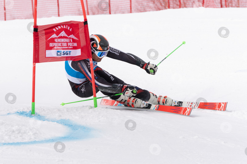 Скачать Горнолыжник спускается по склону горы. Чемпионат России по горнолыжному спорту, гигантский слалом фотосток Ozero