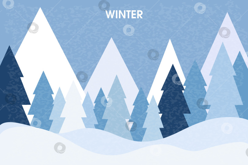 Скачать Зимний пейзаж с геометрическими елями на синем фоне. Зима. фотосток Ozero