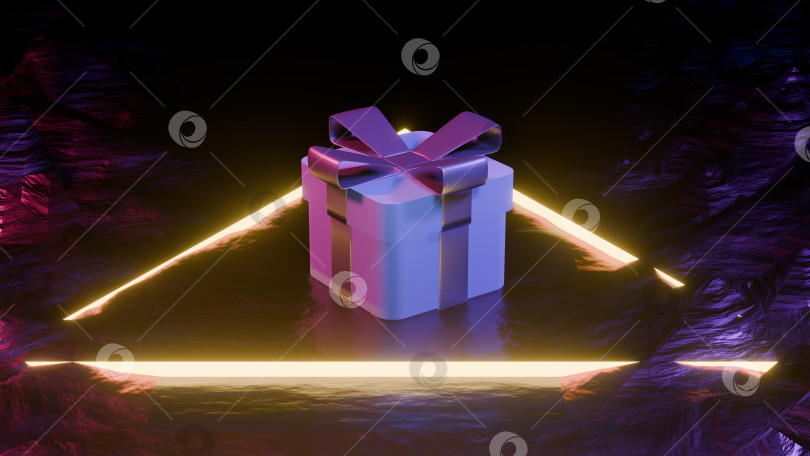 Скачать Поздравительная открытка с подарочной коробкой, неоновой подсветкой, 3d-рендерингом фотосток Ozero