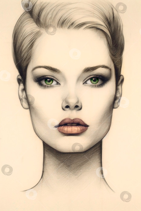 Скачать Карандашный портрет молодой женщины с короткой стрижкой и зелеными глазами фотосток Ozero