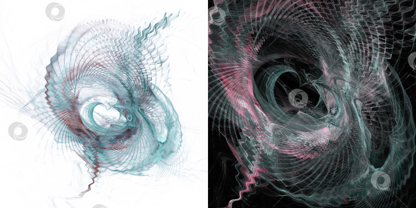 Скачать Набор из двух абстрактных фрактальных фонов. Сердечки, окруженные воздушными волнистыми линиями на белом и черном фоне. 3D рендеринг. 3D иллюстрация. фотосток Ozero