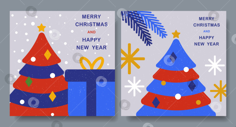 Скачать С Рождеством и Новым годом, поздравительная открытка с объемной елкой и подарками. Фон синий. фотосток Ozero