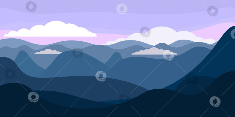 Скачать Панорамный вид на горы. Плоская иллюстрация в голубых тонах. Горизонтальный фон с горным хребтом. Высокогорный пейзаж с туманом и облаками. Минималистичная иллюстрация. фотосток Ozero