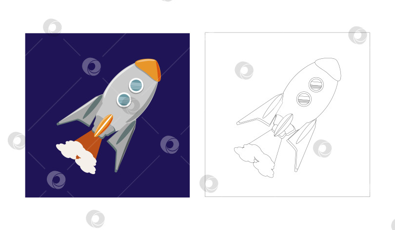 Скачать Летящая ракета - детская раскраска с примером в цвете фотосток Ozero
