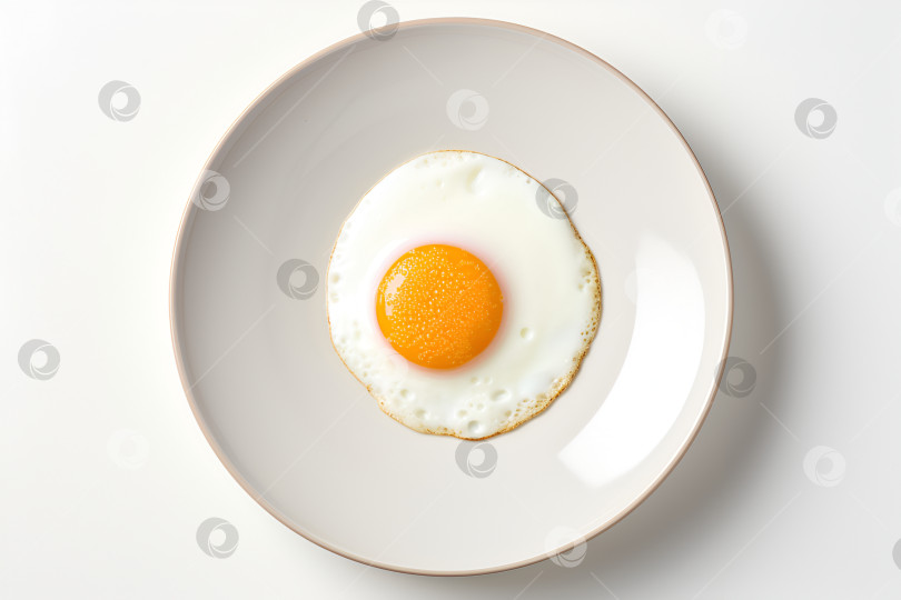Скачать Жареное яйцо на белой тарелке, белый фон, вид сверху фотосток Ozero
