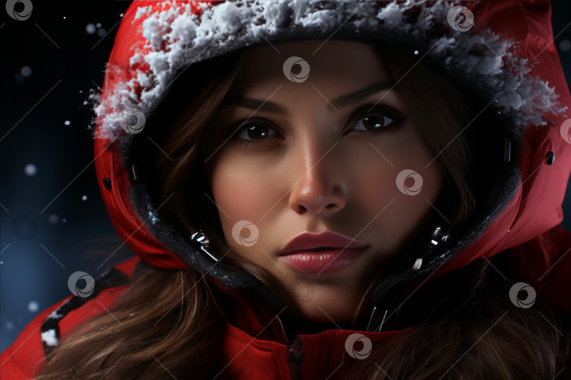 Скачать Снежная зима. Красивая девушка в модной одежде для холодной погоды, припорошенная снегом фотосток Ozero