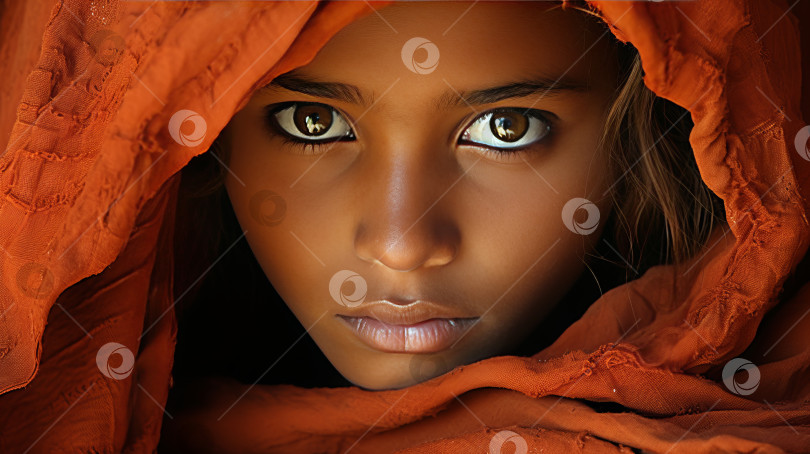Скачать портрет завораживающей афганской девушки с большими выразительными глазами, одетой в красную накидку фотосток Ozero