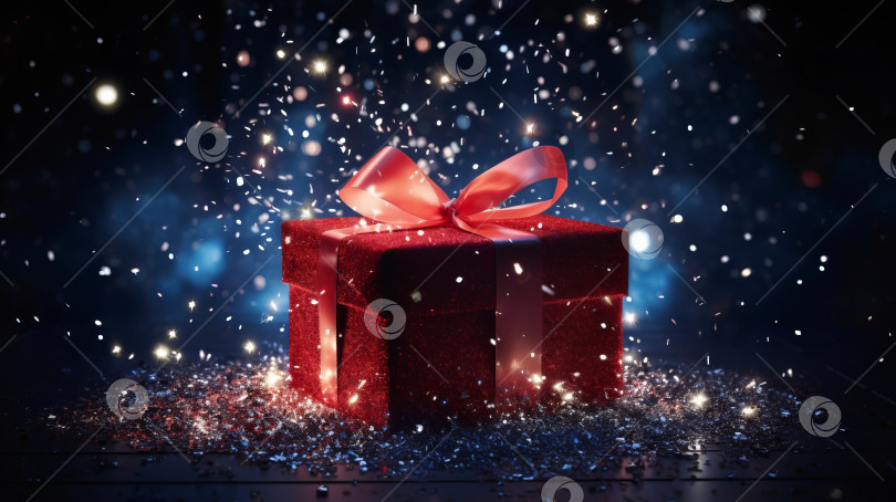 Скачать Яркий подарок к празднику. Изысканный подарок в красной коробке с малиновым бантом, окруженный сверкающими огнями фотосток Ozero