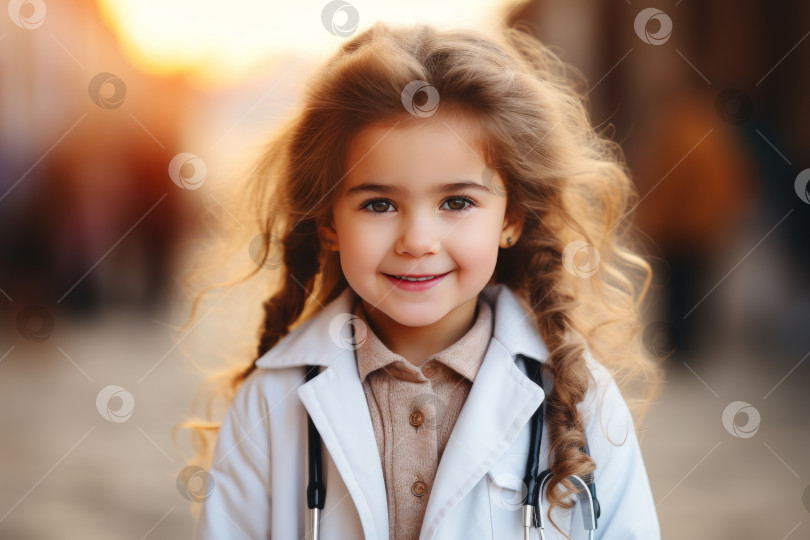 Скачать Очаровательная маленькая девочка в белом халате притворяется врачом, участвуя в творческой игре фотосток Ozero