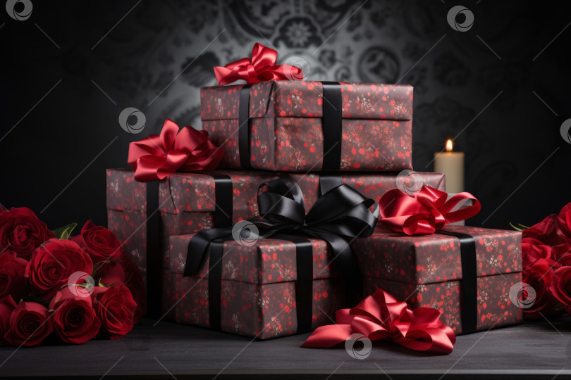 Скачать Элегантно оформленные красные подарочные коробки со стильной черной лентой и бантом на гладком черном фоне фотосток Ozero