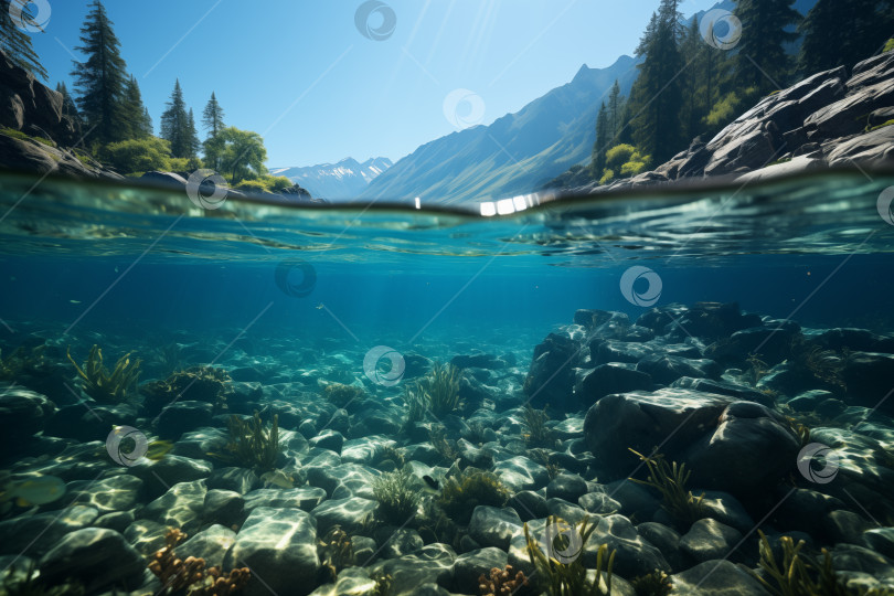 Скачать подводный вид горной реки с водной гладью и альпийским фоном фотосток Ozero