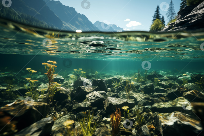 Скачать подводный вид горной реки с водной гладью и альпийским фоном во время половодья фотосток Ozero