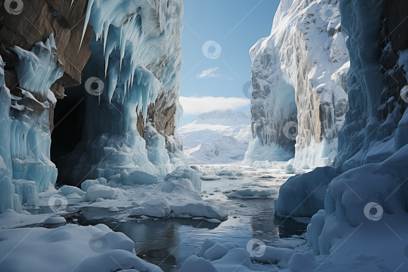 Скачать холодный зимний морской пейзаж, обледенелые прибрежные скалы фотосток Ozero