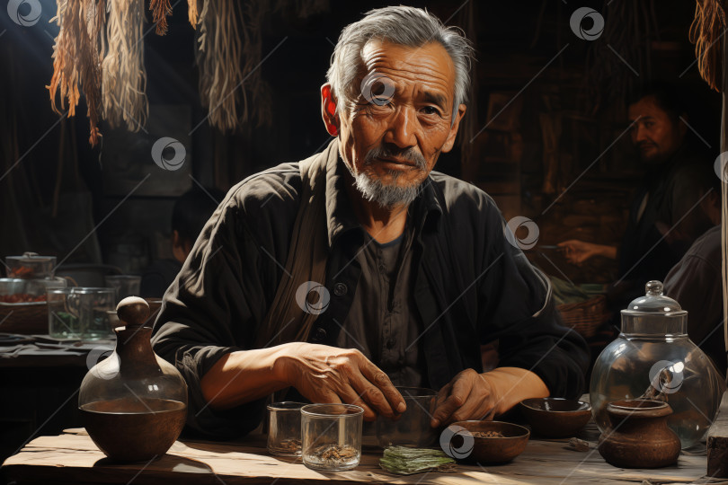 Скачать пожилой азиат в традиционной китайской чайхане или магазине трав и лекарств фотосток Ozero