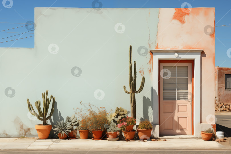 Скачать кактусы в горшках перед голубой стеной на открытом воздухе фотосток Ozero
