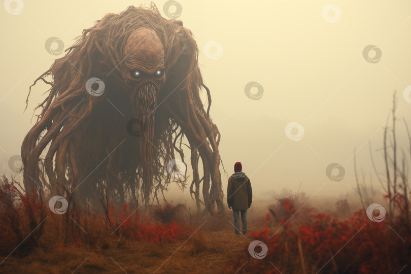 Скачать фантастическая картина ночного кошмара, вымышленное гигантское существо рядом с человеком на туманном осеннем поле фотосток Ozero
