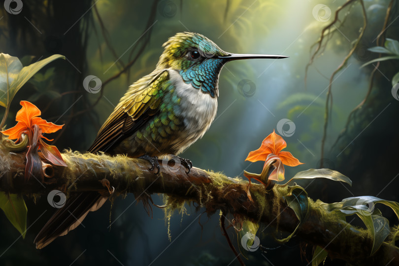 Скачать колибри в тропическом лесу, реалистичная картина в винтажном стиле фотосток Ozero