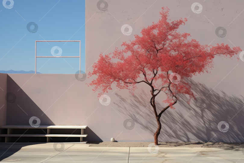 Скачать минималистичный пейзаж современной террасы с розовым цветущим деревом фотосток Ozero