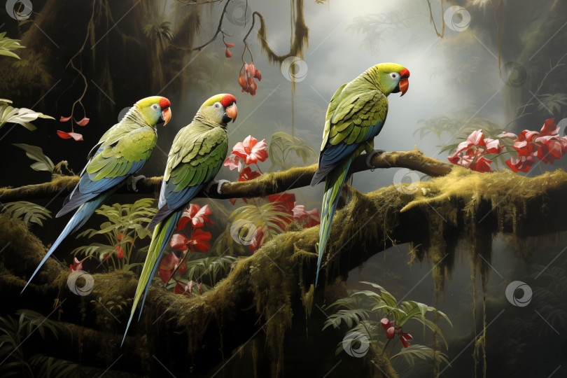 Скачать попугаи в тропическом лесу, реалистичная картина в винтажном стиле фотосток Ozero
