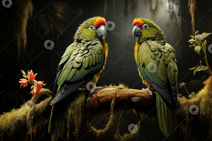Скачать попугаи в тропическом лесу, реалистичная картина в винтажном стиле фотосток Ozero