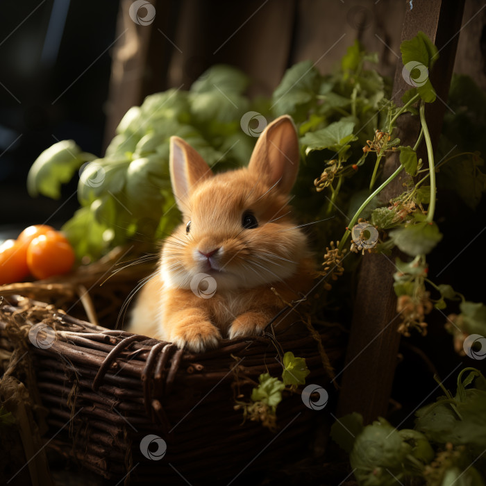 Скачать милый зайчик в корзинке с зеленью фотосток Ozero