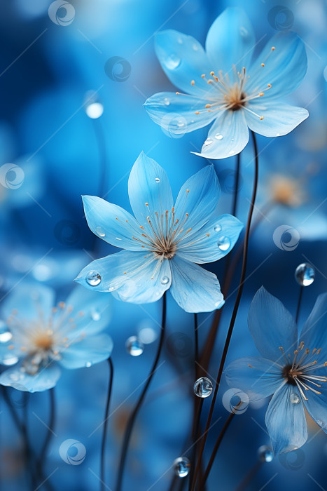 Скачать красивые голубые цветы с каплями воды на размытом фоне, крупным планом фотосток Ozero