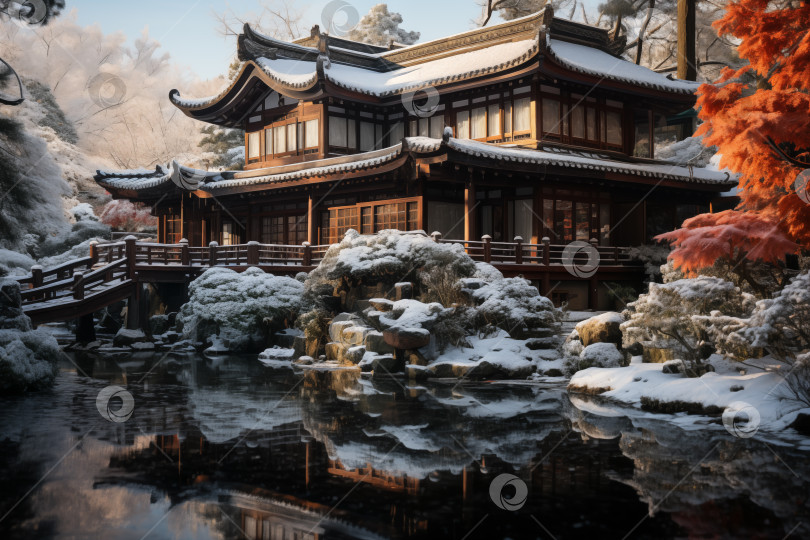 Скачать зимний вид на заснеженный сад в японском стиле фотосток Ozero