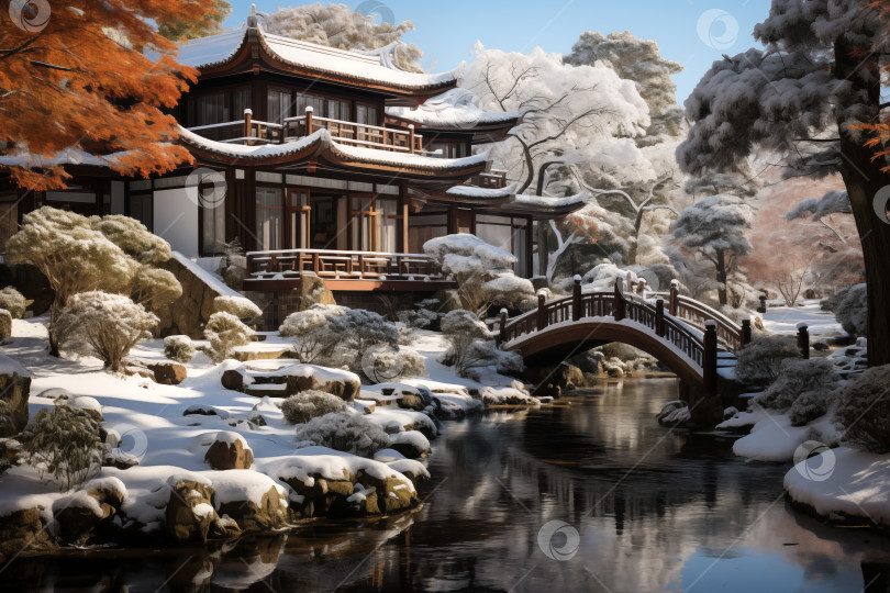 Скачать зимний вид на заснеженный сад в японском стиле фотосток Ozero