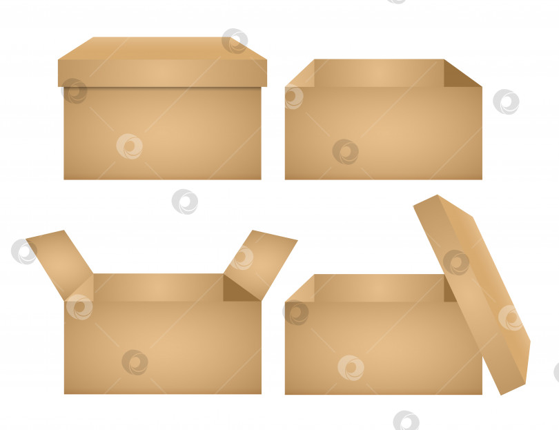 Скачать Картонная упаковка для доставки открытая и закрытая коробка с надписями "хрупкий". Набор макетов картонных коробок фотосток Ozero