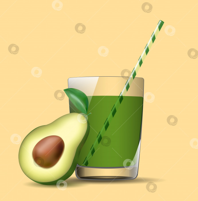 Скачать Полезный и вкусный смузи из авокадо в стеклянном прозрачном стакане с соломинкой. Стекло прозрачно на любом фоне. Летний зеленый фруктовый напиток. Вектор в формате eps10, без растровых эффектов фотосток Ozero