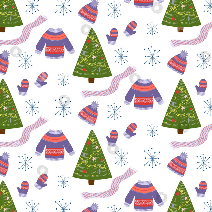 Скачать Бесшовный зимний узор с зимней одеждой, рождественской елкой и снегом. Узор на панели образцов. фотосток Ozero