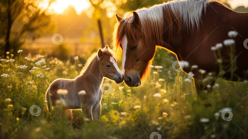 Скачать Молодой жеребенок с матерью утром на зеленой лужайке. Симпатичная семья лошадей лежит на летнем лугу. фотосток Ozero