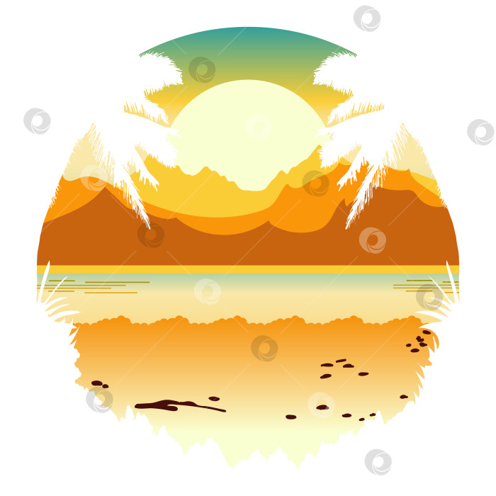 Скачать Пляж, горы, море, песчаный фон по кругу. Векторная иллюстрация фотосток Ozero