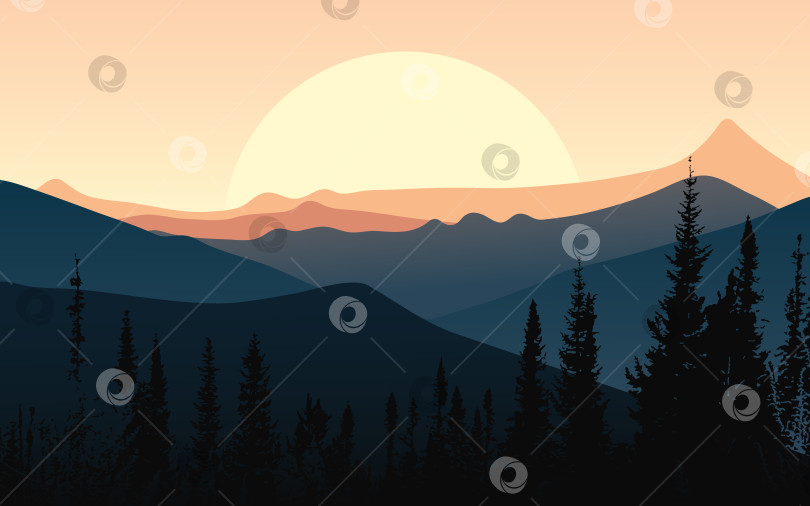 Скачать Пейзаж. Сибирь. Горы, лес, закат на фоне солнца. Векторная иллюстрация фотосток Ozero